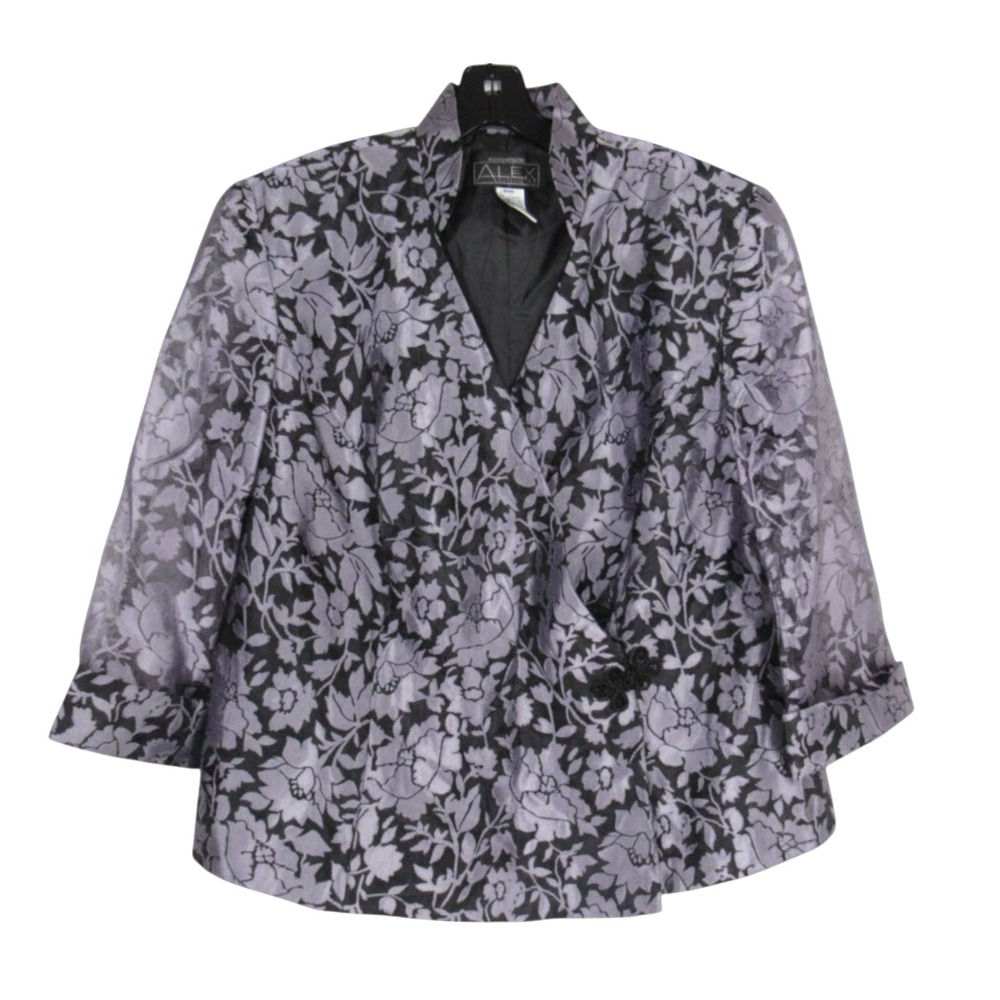 ALEX EVENINGS Lined SATIN Purple FLORAL DESIGN Frog Closure JACKET/BLOUSE Sz 1X